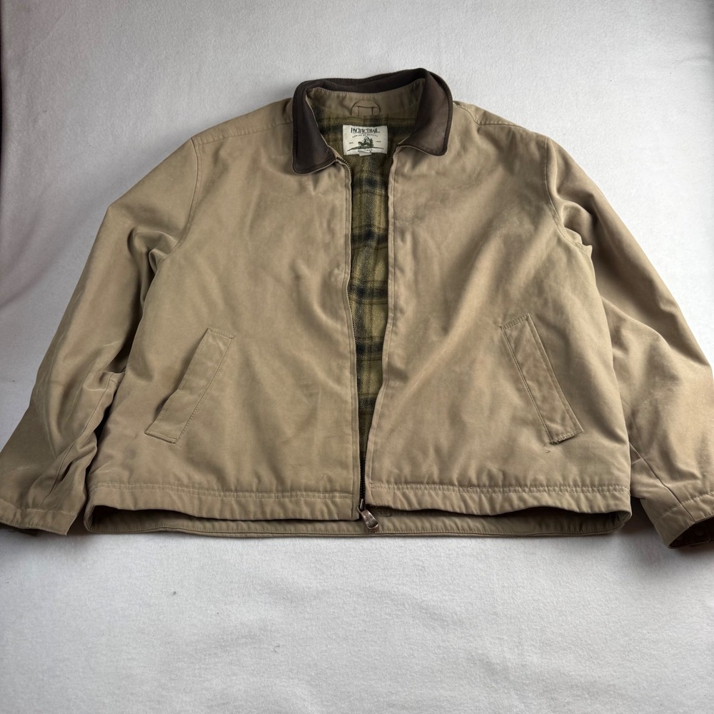 Pacific Trail Vintage Mens XL Tan Bomber Jacket Leather Collar Plaid Lined XL